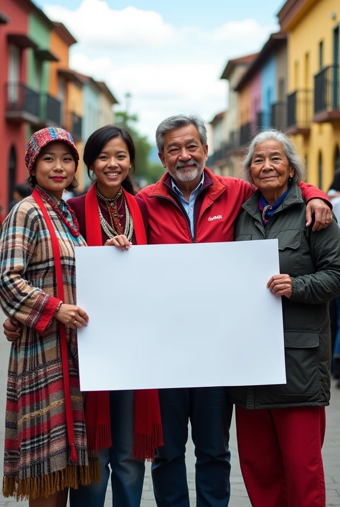 Five people of different Bolivian ethnicities holding a blank sign together