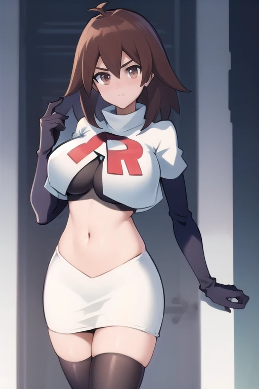 masterpiece, best quality,   makurada junko, looking at viewer, large breasts, cowboy shot, team rocket,team rocket uniform,white skirt,red letter R,crop top,black thigh-highs,black elbow gloves