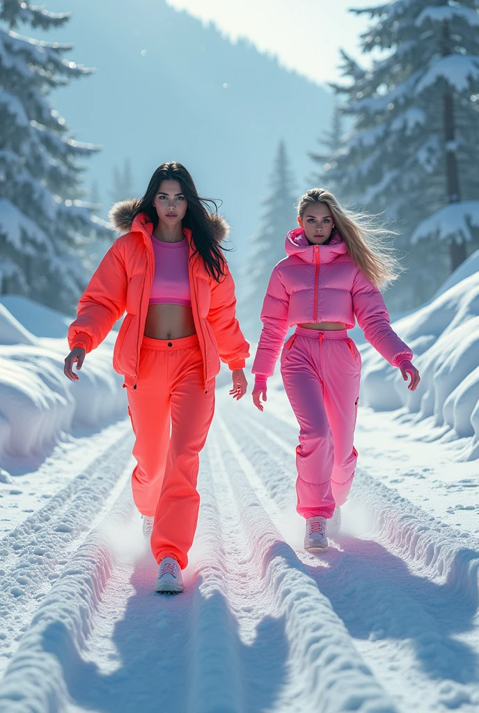 Two hot 30 years girls in icy, on snow driving on snow tracks, wearing just tiny neon clothes