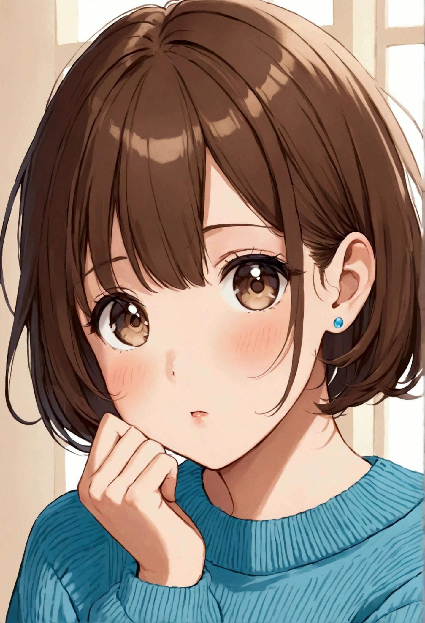 cute wearing blue sweater,with short brown hair,slanted eyes