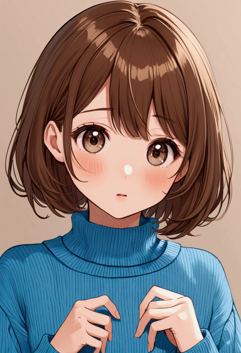 cute wearing blue sweater,with short brown hair,slanted eyes