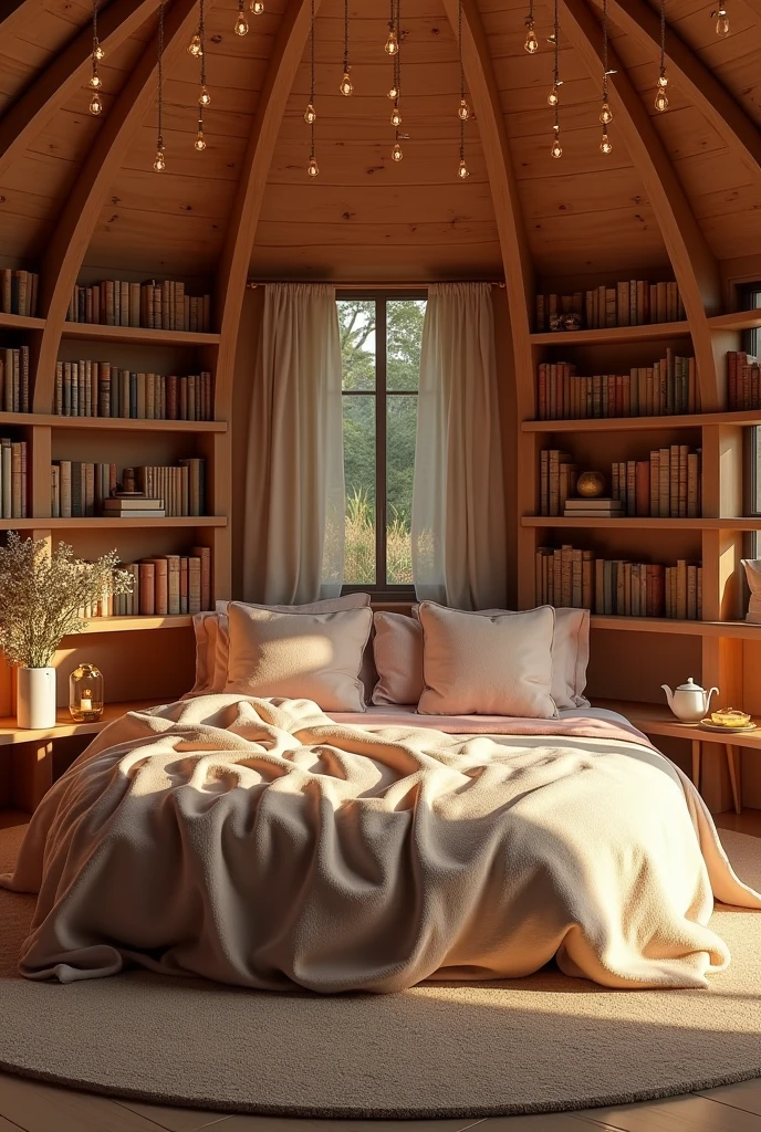 {cinematic scene, 4K ultra-realistic rendering} A beautifully designed circular bedroom with a cozy and magical ambiance. The round bed in the center is covered with soft, plush blankets and pillows in warm tones of beige, gold, and soft pink. The wooden ceiling is adorned with twinkling fairy lights and a few hanging candles in glass holders, casting a warm, soft glow throughout the room. The walls are lined with bookshelves filled with a variety of books, with a small tea spot featuring a vintage teapot and cups on a wooden side table. The room feels inviting and enchanting, perfect for a cozy retreat. {Shot with a 35mm lens, warm lighting, soft focus} {Art inspired by bohemian interiors, cozy cabin aesthetics, magical realism}