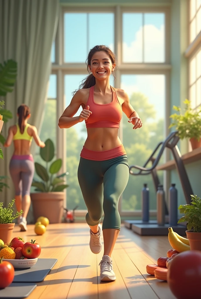 A happy person doing exercises and eating