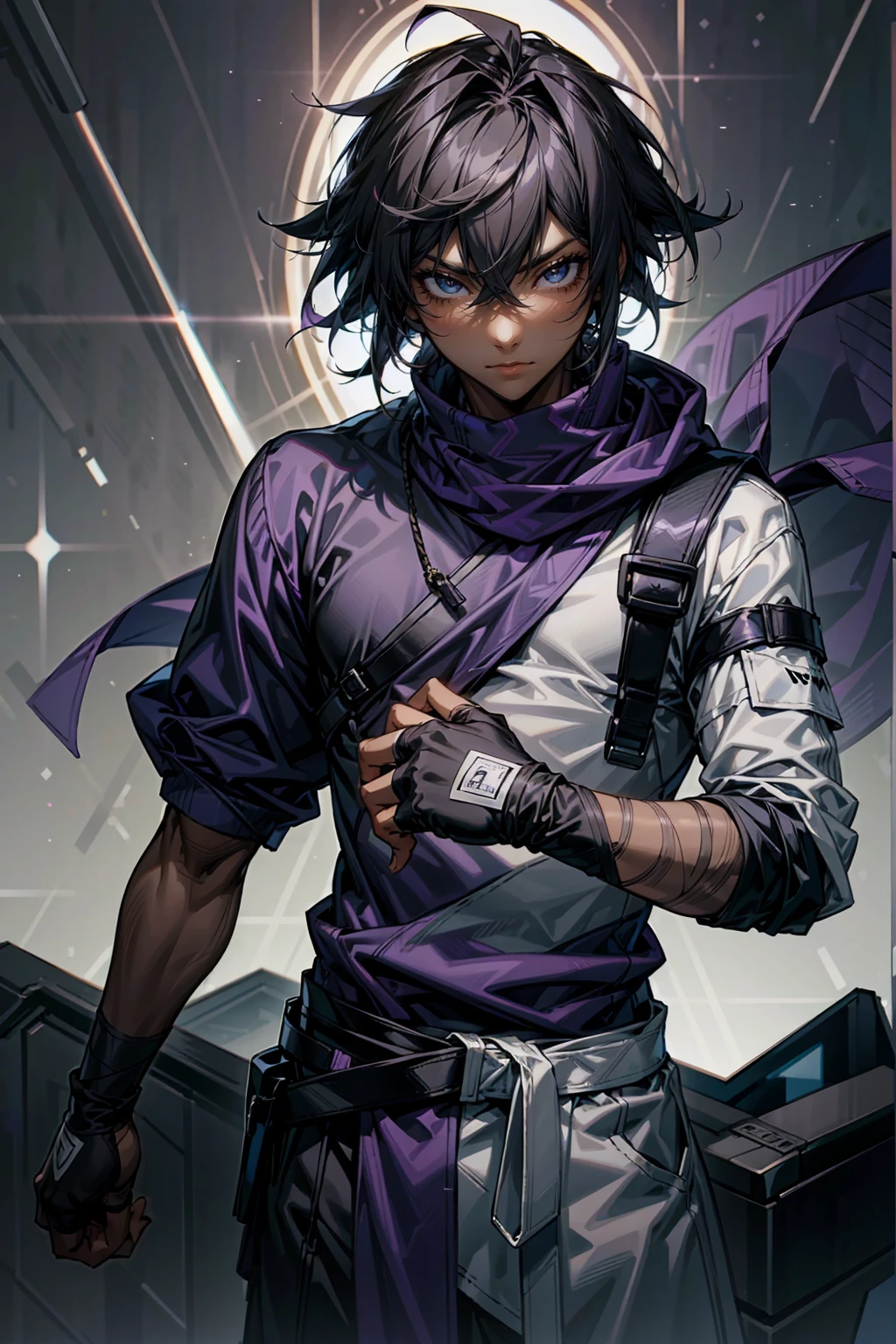 1male, Adult male, black eyes, black hair, medium length hair, darkskin, black bandages on arms, purple gloves, black and purple yukata, grey sweatshirt, Serious