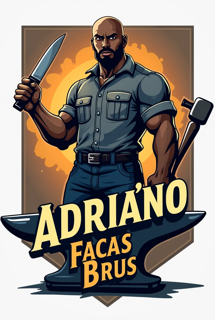 Make a large logo in the shape of an anvil written in Portuguese Adriano facas brus, with a bald black man who doesn&#39;t have a beard and is strong, wearing a uniform or jeans holding a knife in one hand and a hammer in the other