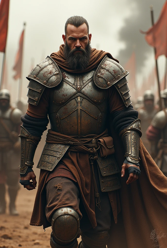 a man in torn armor with ash on his body is leading a great battle, he is committed to defeating any enemy. His armor is epic and contains traces of past wars