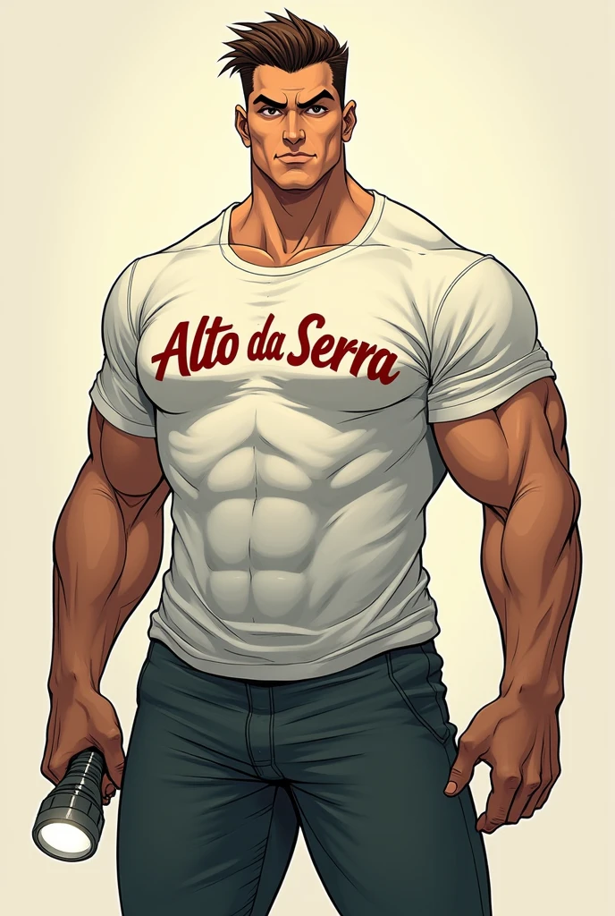 Homem de 20 anos large and tall com expressão de mistério amigável, large and tall, his appreciation for fighting sports such as judo and Greco-Roman wrestling is really reflected in his physical constitution, her hair is brown in a military cut, face with slightly arched eyebrows, but her light brown eyes reflect an optimistic and empathetic glow, your mouth and nose are large, respecting the proportions of the rest of your body, Despite being strong, he doesn't care about having a toned body, He always preferred to have greater strength than visible muscles; his thick arms and legs intimidate his opponents in the fighting ring., wearing a white summer camp t-shirt with Alto Da Serra written in red and a flashlight in his hand, half dark academia, Estilo da DC Comics, imagem sem fundo, dc comics style