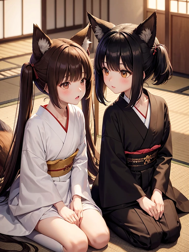 Fox ears, animal ears, long hair, short hair, multiple girls, brown hair, black hair, Japanese style room, Japanese clothes, sitting, suit, multiple boys, dress, 6 or more girls, 6 or more boys, all