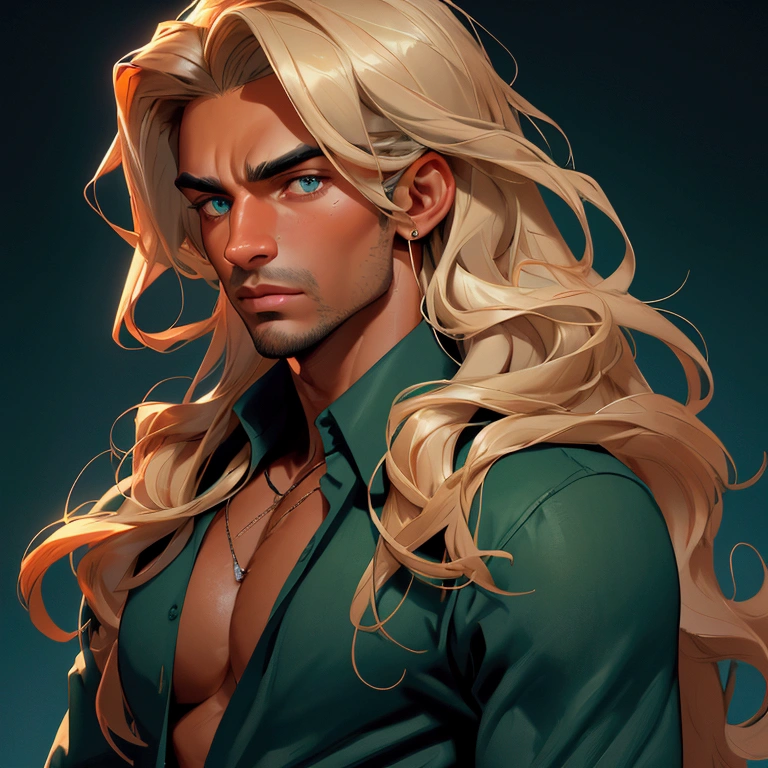 envision a 8k, highres, cinematic close up portrait of an man named Shaddiq Zenelli with a strong face, dark tan skin, sleek body, clean shaved, with long wavy blonde hair, and dark green eyes wearing a open blue shirt showing his chest and baggy sweatpants against a dark gray background