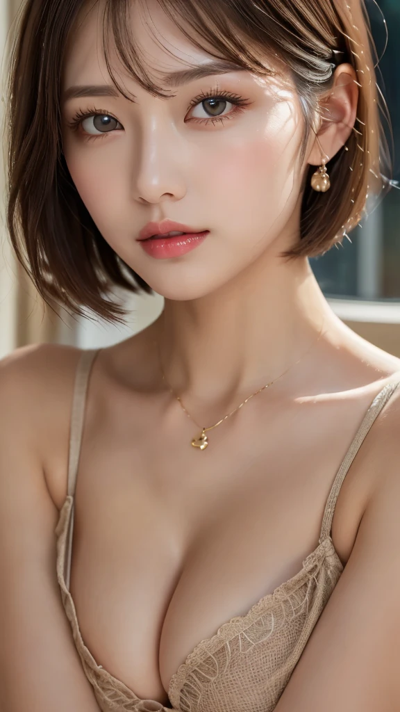 (Photorealistic, 32k, RAW photo, best quality:1.4), (masterpiece:1.3), (ultra high resolution, ultra realistic, highly detailed, golden ratio, ultra detailed), natural makeup, intricate cloth texture, finely detailed hair texture, beautiful full-body, perfect female form, anatomically accurate, highly detailed face and skin, (elegant hands), (realistic skin), (beautiful pale skin:1.1), (Oversized Breasts, generous cleavage:1.3), (extreme close-up:2.0), (Halter neck lace teddy with peek-a-boo cups:1.3), (Elegant pendants),
BREAK,
realistic eyes, captivating detailed eyes, symmetric eyes, light brown eyes, double eyelids, thin eyebrows, (glossy lips:1.4), (kissable expression, blush:1.3),
BREAK,
((short bob cut, dark brown hair, bangs:1.2)), (Late Night, bedroom, :1.3), (Sitting on the bed:1.3)