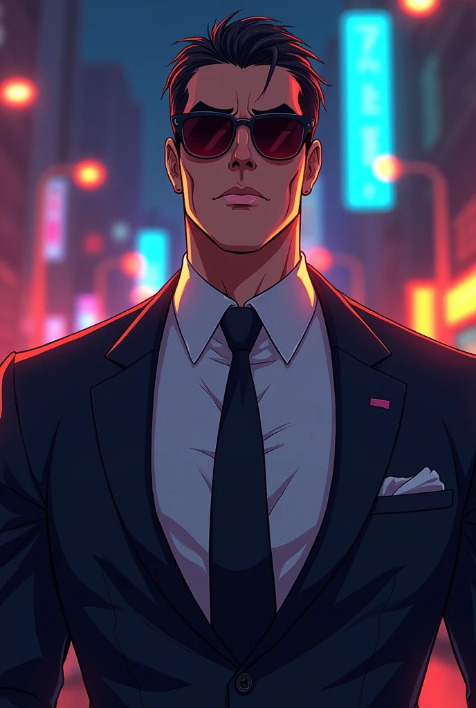 Mafia guy with tinted sunglasses anime. Both shoulders are visible.