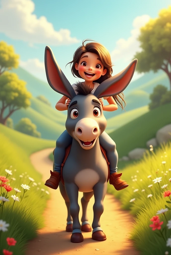 Happy donkey with owner on top of him