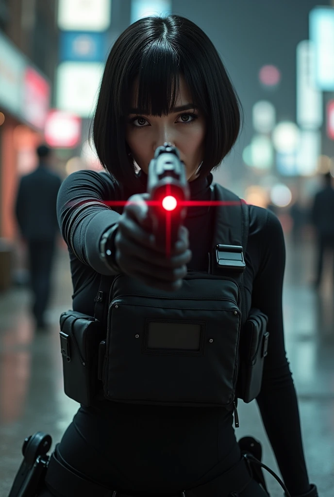 (masterpiece,Distinguished Quality,Mirror-like,Cinematic Experience,insanely detailed,absurdres),8k,wallpaper,,(Best illustrations:2.0),(One Woman:2.0),(Motoko Kusanagi:2.0),(Ghost in the Shell-style worldview:2.0),(Black tactical bodysuit:2.0),(Heavy black bulletproof vest:2.0),(Black gloves:2.0),(Short Bob:2.0),(Beautiful Eyes),(Detailed face),(Detailed female hand drawing:2.0),(sexy:2.0),(He kneels down and aims a pistol at me.:2.0),(Raise your right knee:2.0),(The background is Tokyo, where science and technology have developed.:2.0),(Drawing in monochrome:2.0),(sf:2.0),(A pistol with a laser pointer under the muzzle:2.0),(Point the red laser pointer on your pistol at me:2.0)
