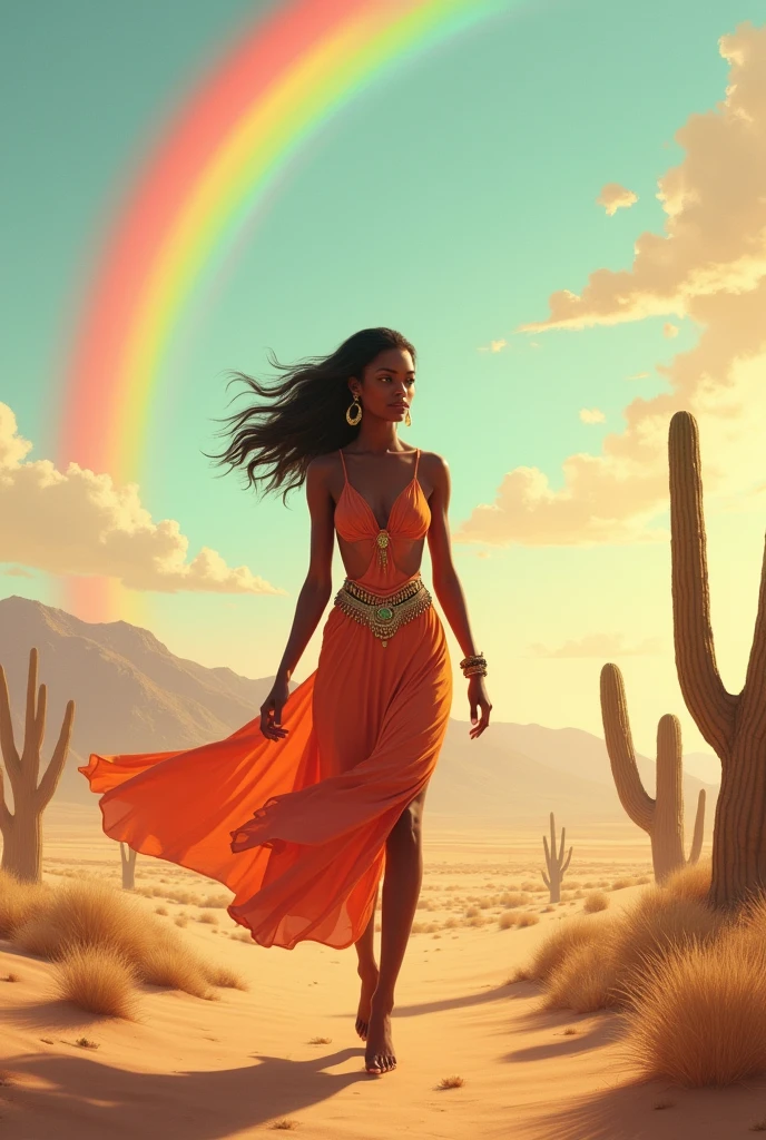 Create a photo of a desert landscape with a black woman with green eyes walking with a gentle wind moving her clothes or a background of a rainbow and desert trees