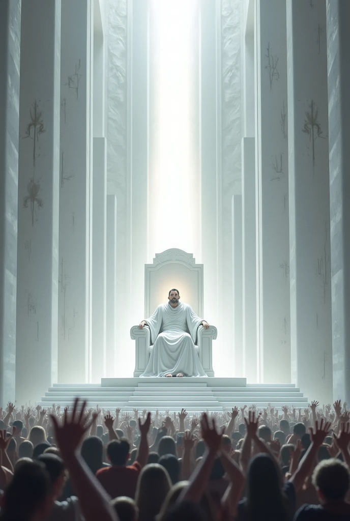 Great Throne White Marble Straight Man Seated with Radiant Head Very Strong Below the Throne Thousands of People with Raised Hands 


