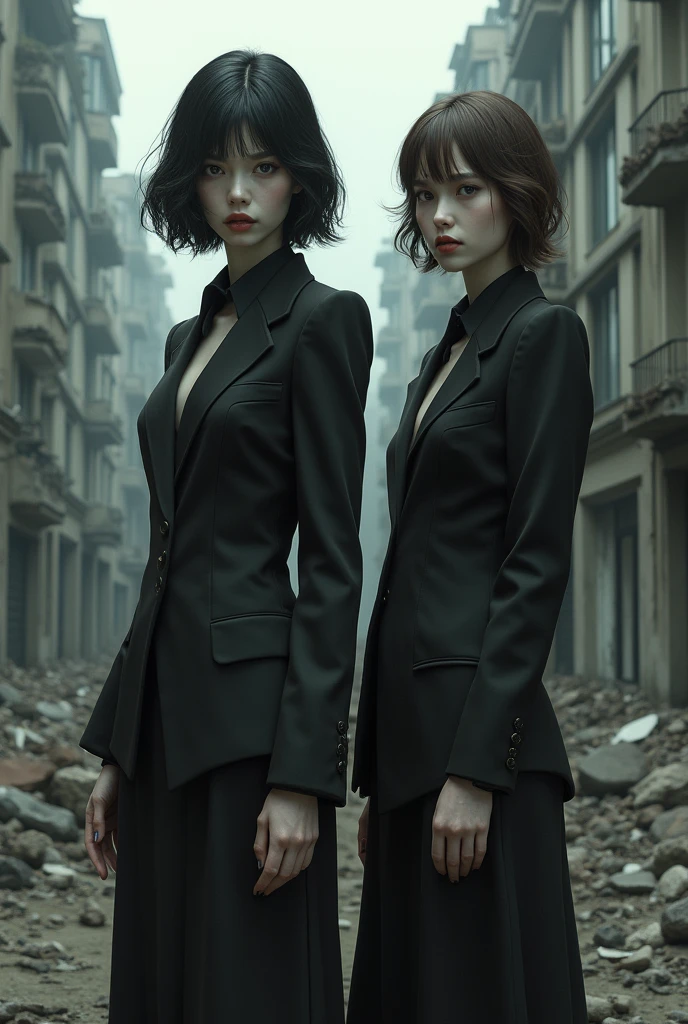 Two 1 vampire girls, The tallest one with short, medium wavy black hair and wearing a woman's suit, The other one with brown hair and shorter with a matching dress in a ruined city