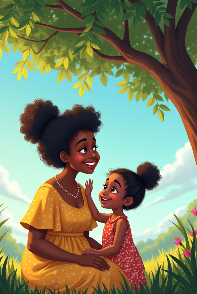 Create an image of a chubby grandmother with black power hair, an elderly smiling black woman who is playing with her smiling black granddaughter under a tree that emanates colorful energies on a sunny day