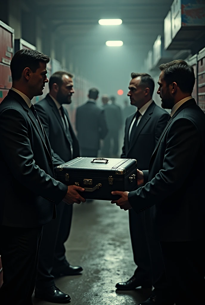 Mercenaries delivering a briefcase to some businessmen in a warehouse