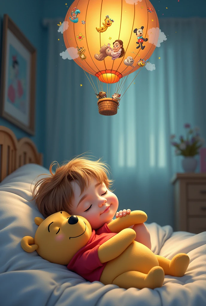 a sleeping smiling holding a Winnie the Pooh plush toy, and above it, the comic book dream balloon in which she dreaming that she (the childflying with Disney characters