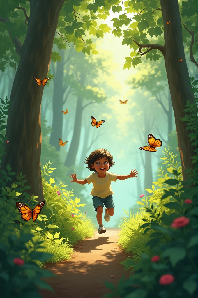 chasing butterfly in the woods
