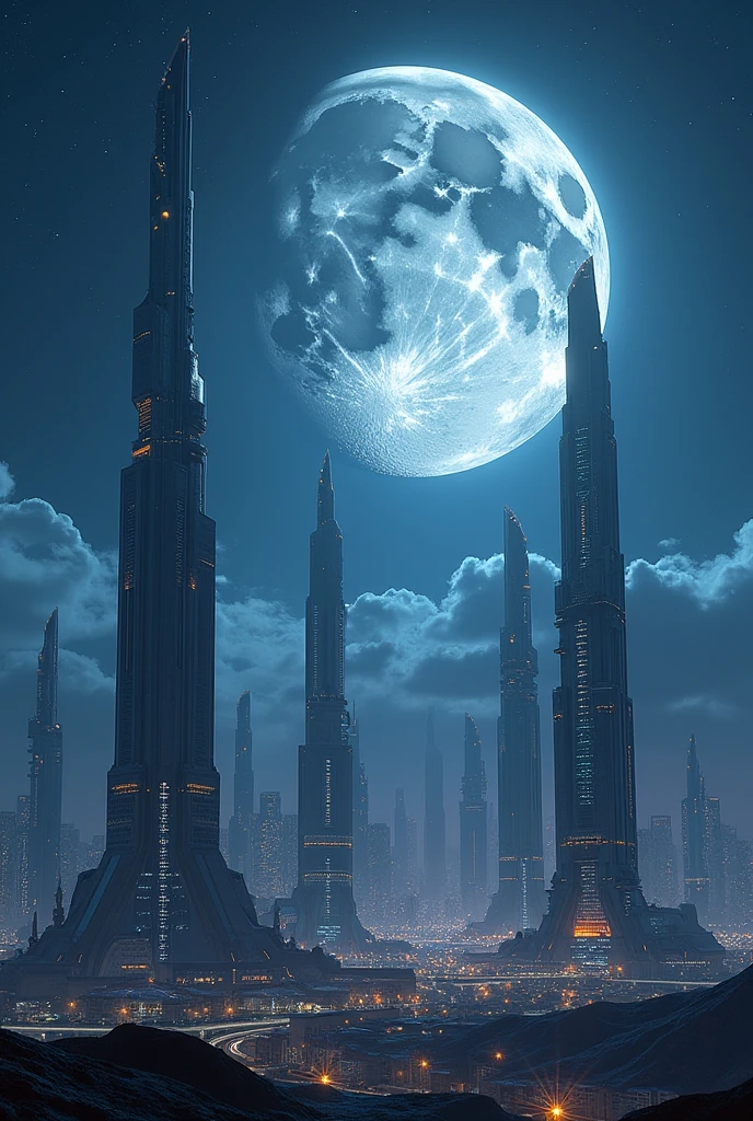 (photorealism:1.2), modern planet, night, gigantic moon, blue sky, talk buildings