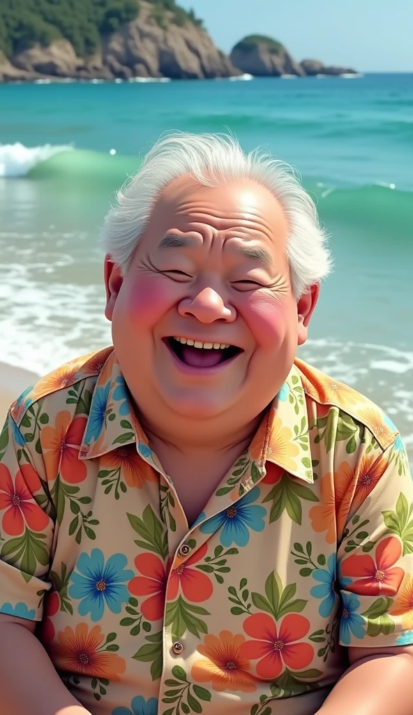 High resolution, masterpiece,Grandpa with one upper body、Japanese、fat、low length、Wrinkled、smile, Blushing, Open your mouth a little, Affectionate obese face、Shichi Shiraga、Clothing: Aloha shirt、Background coast