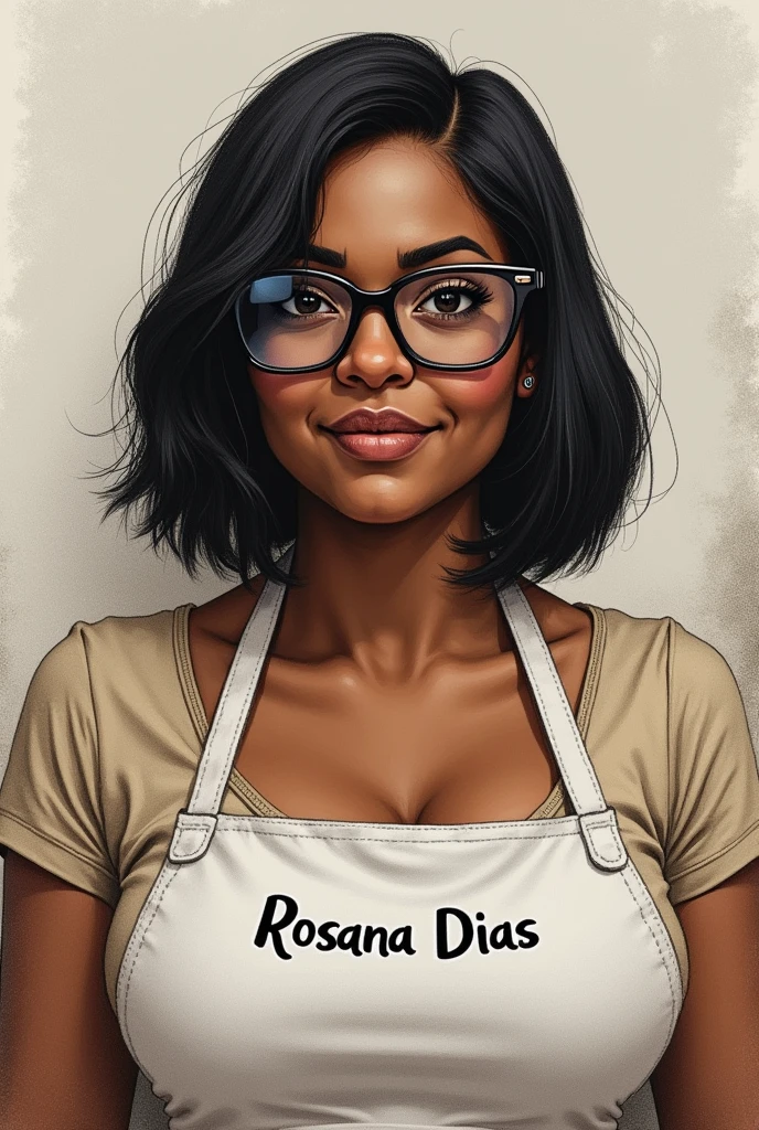  Drawing of a woman with a dark-skinned mother, short straight black hair, gordo, fat face, Glasses, in a beauty salon, with an apron with the name Rosana Dias 