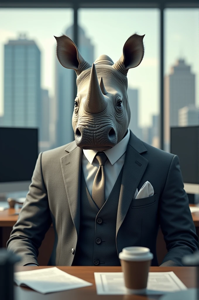 Rhinoceros dressed in a suit in a Manhattan office