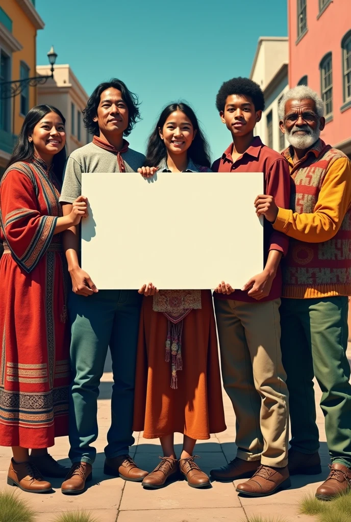 five Bolivian people of different Bolivian ethnicities holding a blank sign together