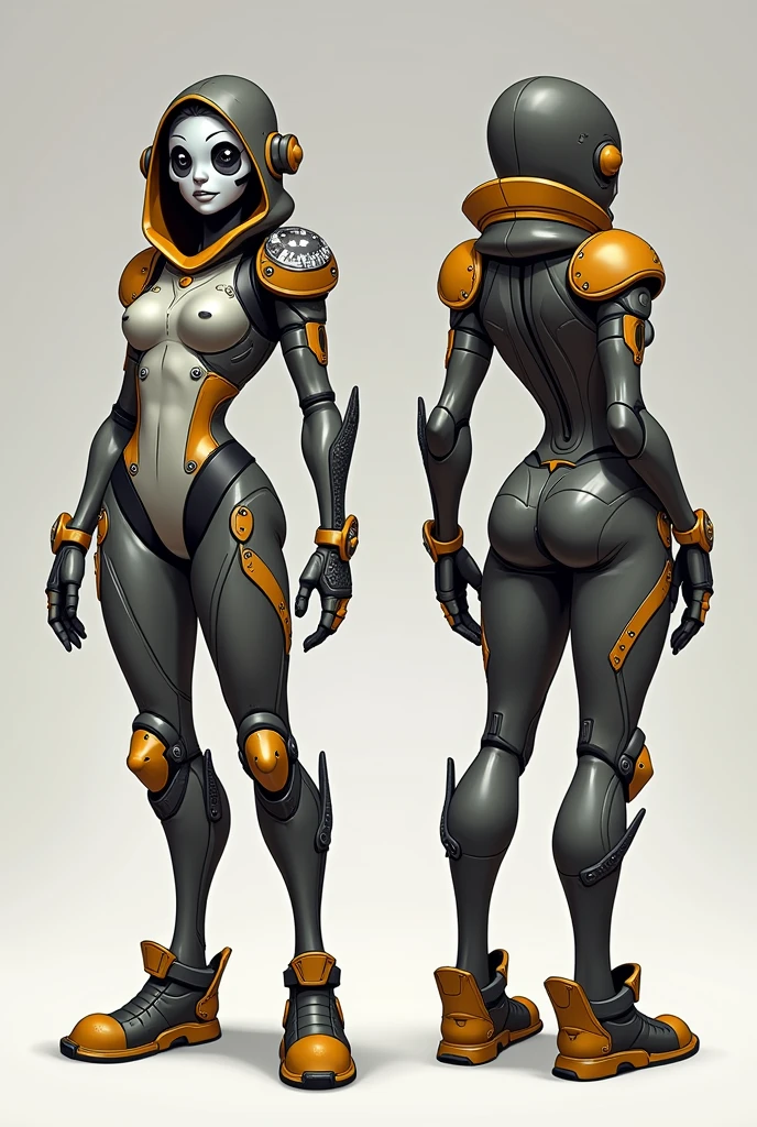 stylized style, Overwatch style female character concept, full body back and front view, robot detailed face with round eyes, thief theme, body covered with armor