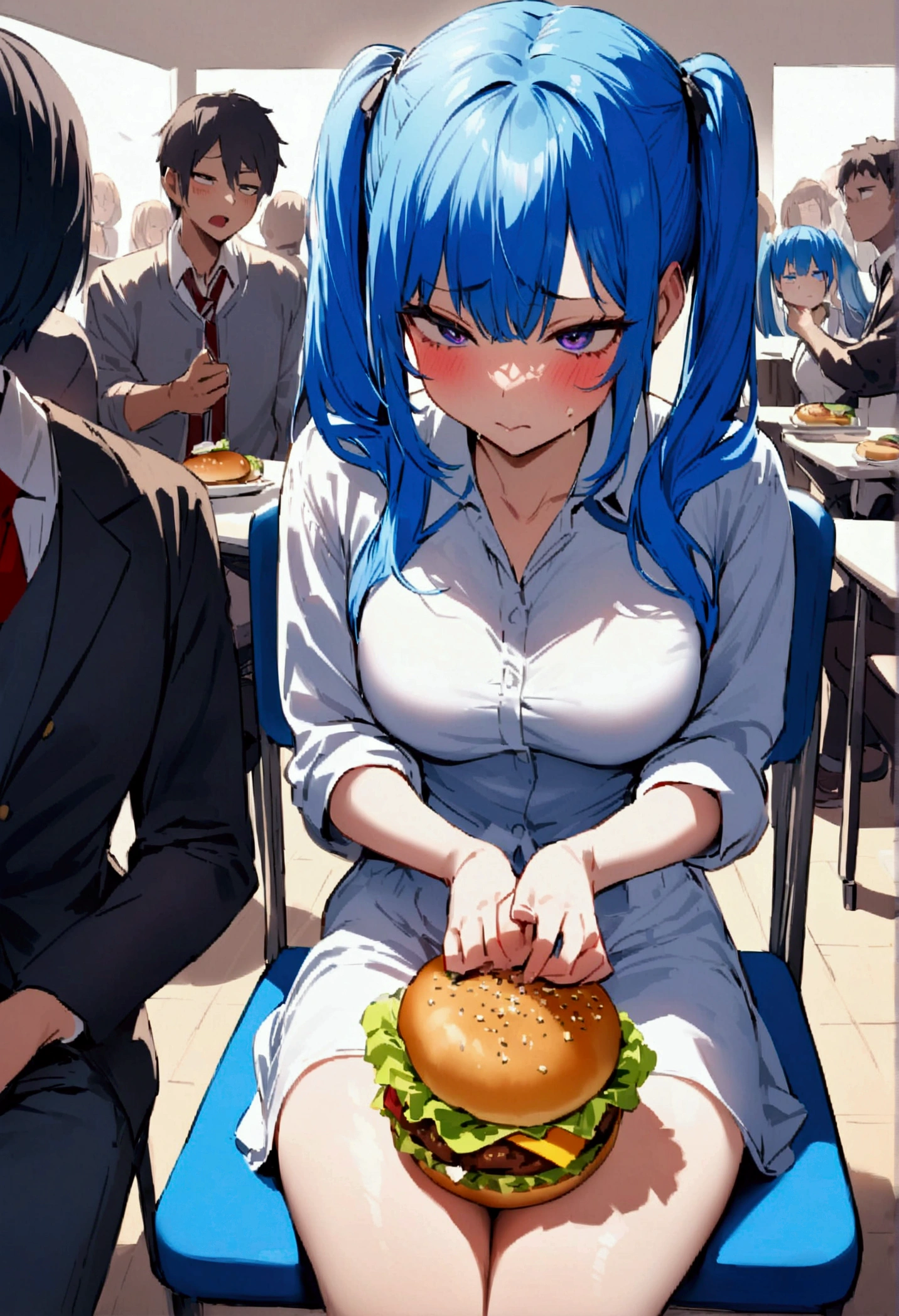 Anime style, 1girl, 1boy, Wide angle, cafeteria, people in background, crowded background, man fucking woman in missionary style sex, sex vaginal creamiper, women, seductive expression, bright red lips, black and blue rainbow hair, wavy hair, messy hair, curly hair, dark eye makeup, beautiful detailed blue eye, crowded, crowd of people cheering and shocked, unbottoned white t-shirts, black short flowy skirt, alluring pose, sexy neckline, large neckline, 16k, photorealistic, bright lighting perfect composition, super detailed, 8k, high quality, trending art, trending on artstation, intricate details, highly detailed, art by greg rutkowski