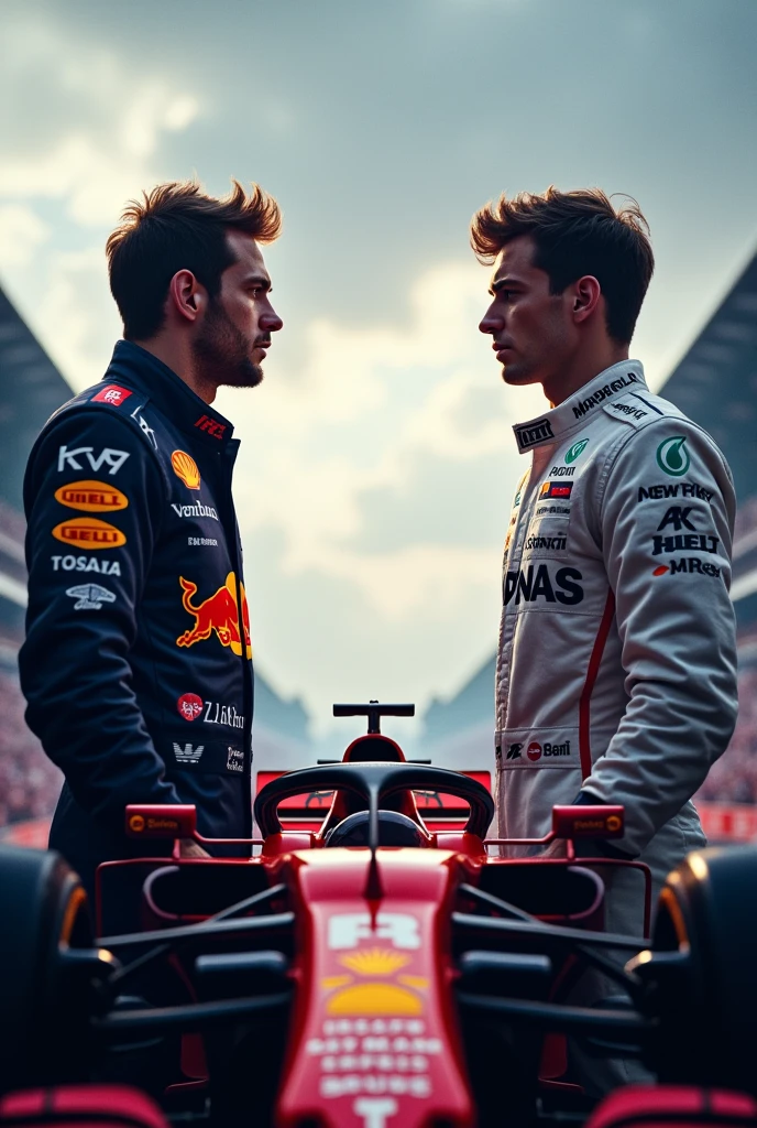 Create a kind of movie poster of Max Verstappen and Lando Norris about rivalry and title fight. Wie ekn Showdown oder Standoff. It should look epic. Portrait format so I can use it as a lock screen