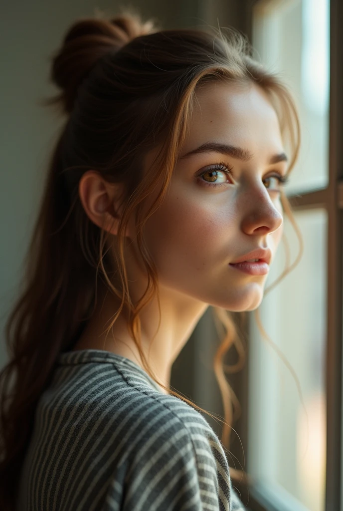 Long detailed chest nut hair, always in a sleek bun, brown hazel eyes, skin so smooth, honey like complexion, in her class room, staring at the window.