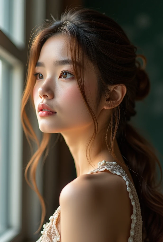 Long detailed chest nut hair, always in a sleek bun, brown hazel eyes, skin so smooth, honey like complexion, in her class room, staring at the window.