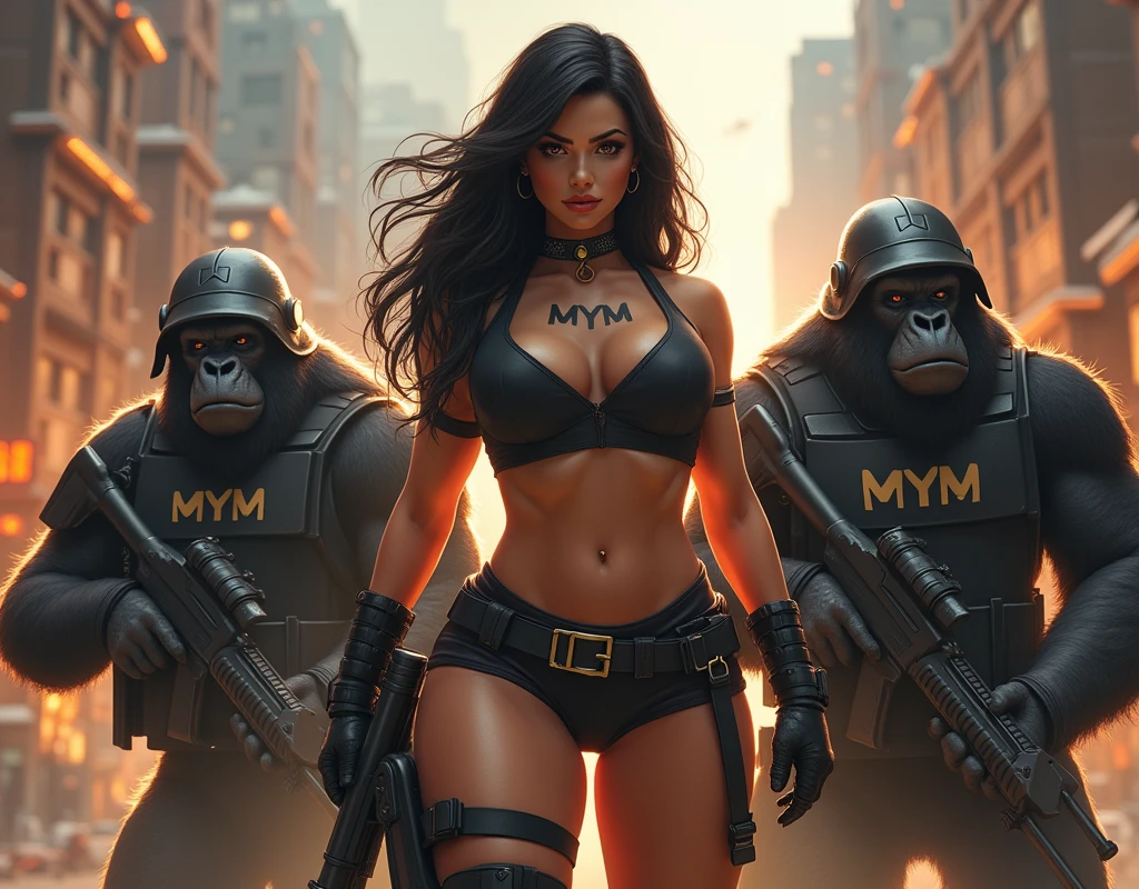 Woman fighter with thick thighs, small waist, big breast tatical clothing in a war-burning city letters MYM on her chest. Being protected by many Gorillas in riot gear carrying guns with MYM on their chest