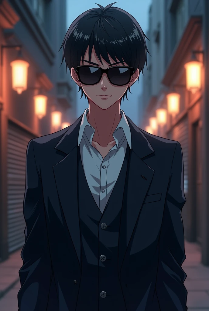 Mafia boy with tinted sunglasses anime. Both shoulders can be seen