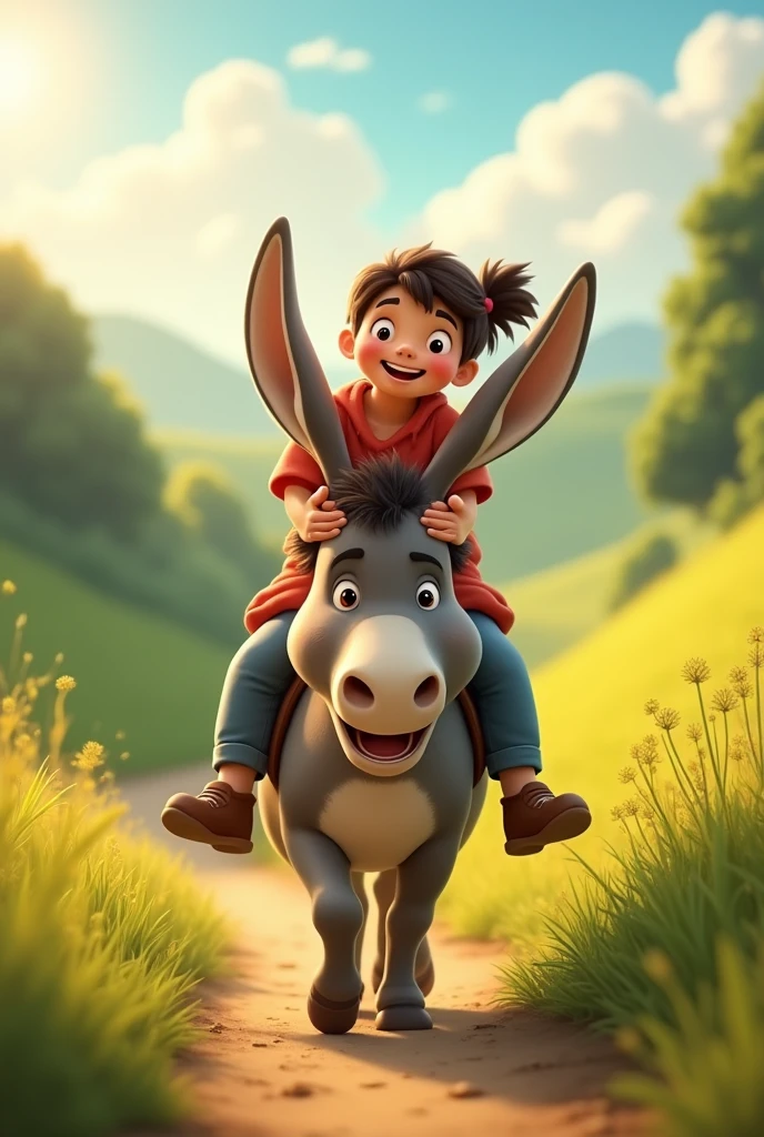 Happy donkey with owner on top of him