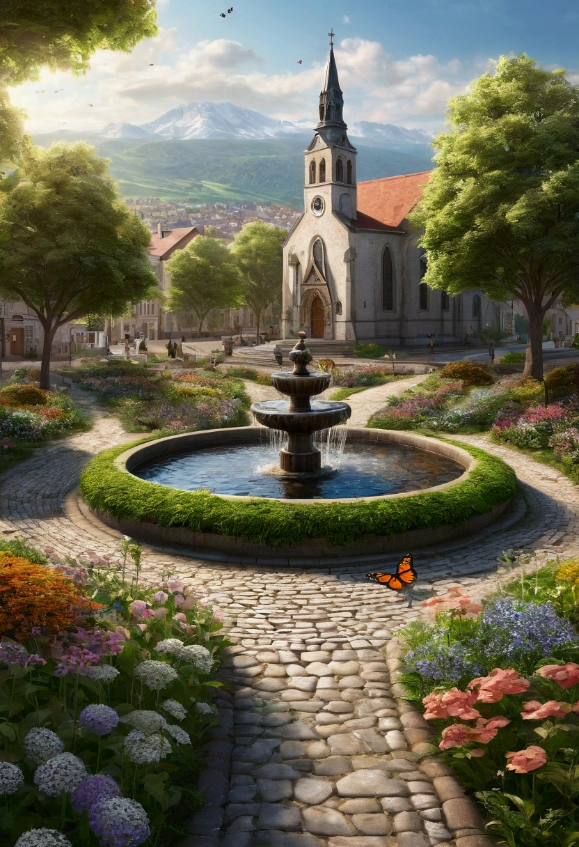 Create a very realistic landscape. A peaceful city in the distance. In front of the church there is a bean-shaped fountain. The streets are cobblestone. Around there are trees and distant mountains. Everything is seen from afar and blurred. There is a cobblestone path leading to the city. There are weeds and wildflowers around. And butterflies flutter around. Everything is realistic and detailed.