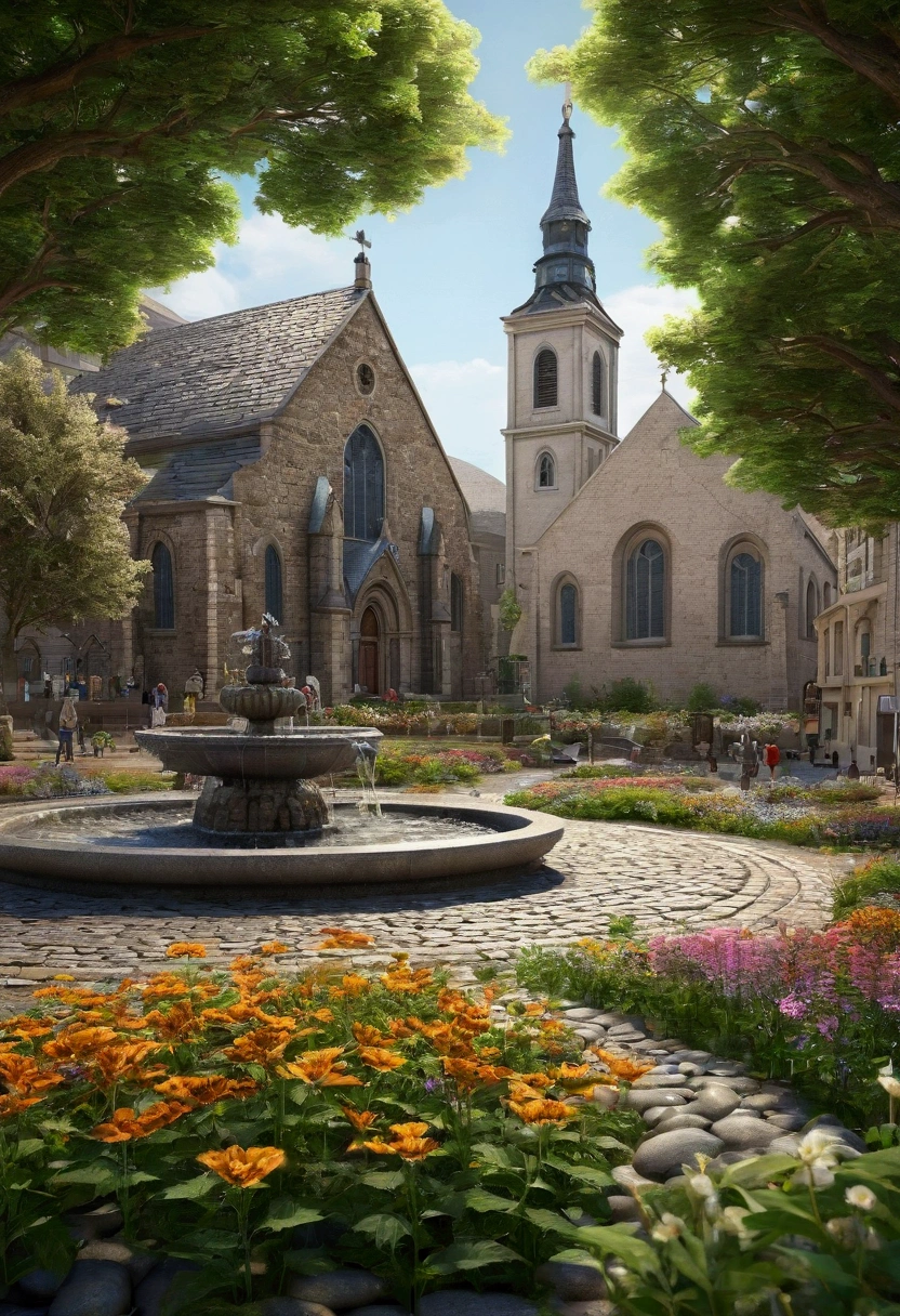 Create a very realistic landscape. A peaceful city in the distance. In front of the church there is a bean-shaped fountain. The streets are cobblestone. Around there are trees and distant mountains. Everything is seen from afar and blurred. There is a cobblestone path leading to the city. There are weeds and wildflowers around. And butterflies flutter around. Everything is realistic and detailed.