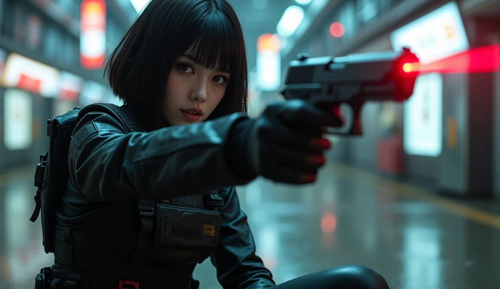 (masterpiece,Distinguished Quality,Mirror-like,Cinematic Experience,insanely detailed,absurdres),8k,wallpaper,,(Best illustrations:2.0),(One Woman:2.0),(Motoko Kusanagi:2.0),(Ghost in the Shell-style worldview:2.0),(Black tactical bodysuit:2.0),(Heavy black bulletproof vest:2.0),(Black gloves:2.0),(Short Bob:2.0),(Beautiful Eyes),(Detailed face),(Detailed female hand drawing:2.0),(sexy:2.0),(He kneels down and aims a pistol at me.:2.0),(Raise your right knee:2.0),(The background is Tokyo, where science and technology have developed.:2.0),(Drawing in monochrome:2.0),(sf:2.0),(A pistol with a laser pointer under the muzzle:2.0),(Point the red laser pointer on your pistol at me:2.0)