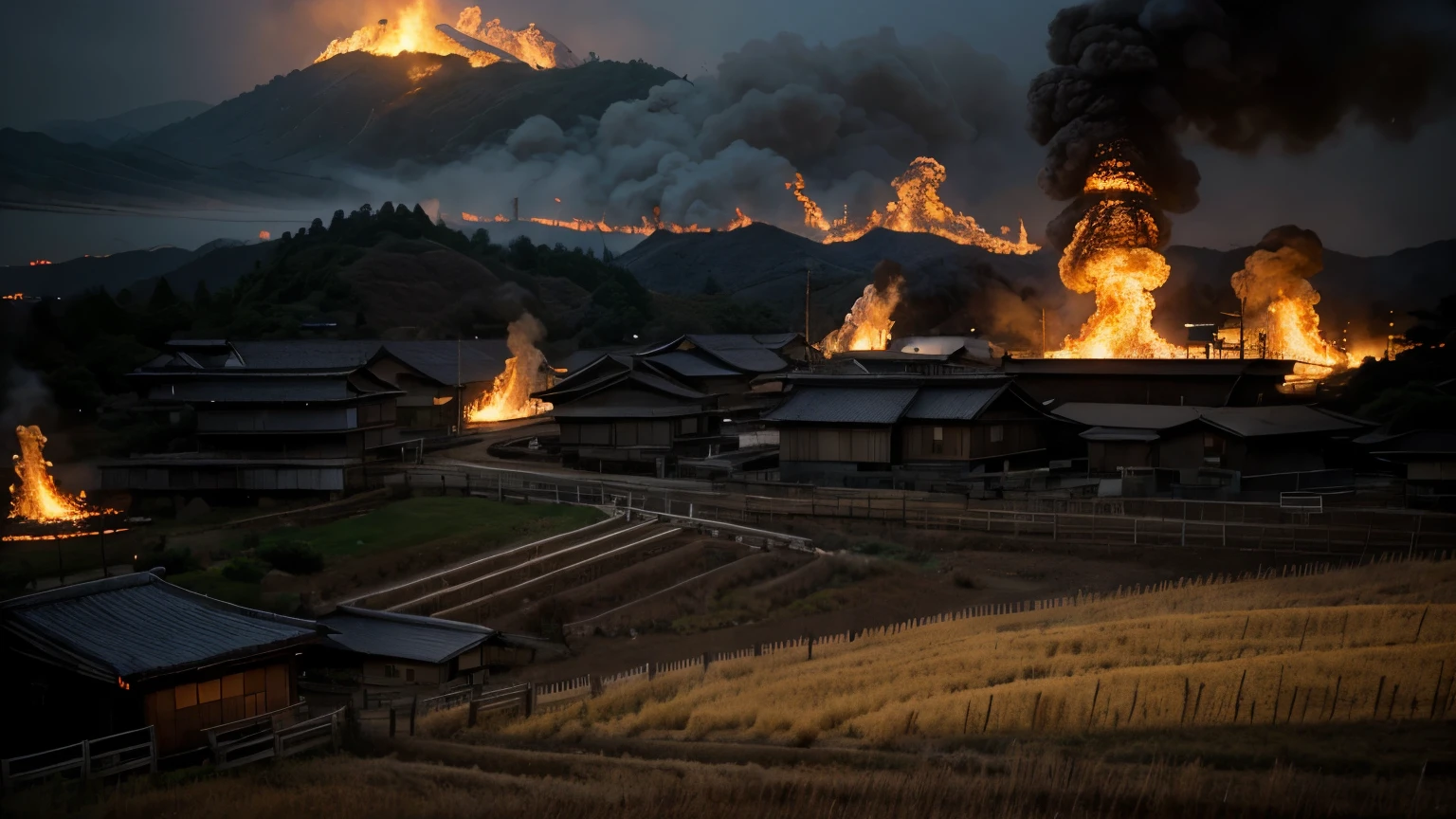 Generate dark old japaneses war background (medium deph of field) Midshot composition. Burning structures, no people. Rural area. Warm photo