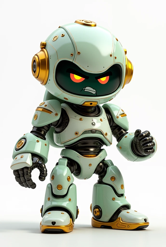 Animated angry frowning white green and gold colored astronaut robot. Active White Background 