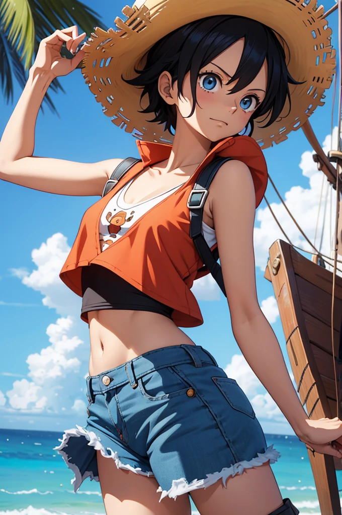 Visualize a gender-swapped Sanji from *One Piece* reimagined as a spirited and adventurous female version of Monkey D. Luffy. She has her signature blonde hair styled in a carefree, tousled manner, capturing Luffy’s rugged and adventurous spirit. Her bright blue eyes are filled with determination and excitement, reflecting Luffy’s unyielding optimism and courage.
She is dressed in a classic Monkey D. Luffy-inspired outfit with a feminine twist:
- **Top:** A red, sleeveless vest or crop top, similar to Luffy’s signature garment. The top is casual and slightly loose, with a playful edge that complements her adventurous persona.
- **Bottoms:** Blue shorts or a skirt, reminiscent of Luffy’s pirate attire, that are practical for adventure yet stylish. The shorts are high-waisted with a comfortable fit, adding a touch of femininity to the outfit.
- **Footwear:** Simple, practical sandals or boots suitable for travel and exploration. The footwear is functional and durable, designed for Luffy’s adventurous lifestyle.
- **Accessories:** She wears a wide-brimmed straw hat, a nod to Luffy’s iconic headgear, which could be slightly altered with a feminine touch, like a decorative ribbon or a floral band. She might also have a small, adventurous-looking backpack or satchel slung over her shoulder.
**Additional Details:**
- **Pose:** Sanji’s pose is dynamic and full of energy, possibly caught in a mid-action stance, such as running or striking a playful pose. Her expression is exuberant and confident, mirroring Luffy’s infectious enthusiasm and fearless attitude.
- **Background:** The setting could be a vibrant pirate ship deck or a tropical island, enhancing the adventurous and pirate-themed atmosphere. The background features elements like the ocean, palm trees, or ship paraphernalia to complement the adventurous spirit of the character.
The image should highlight her transformation into Luffy with detailed attention to her outfit, accessories, and overall energetic