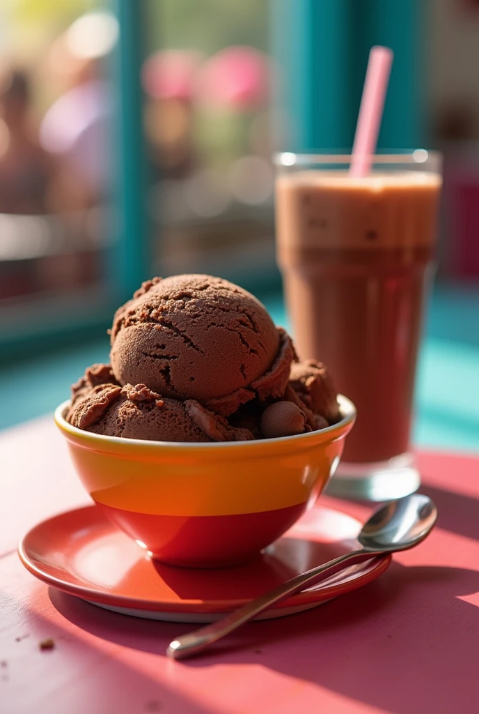 Social realism+Op art, backlighting, wide shot, from side, atmospheric perspective+soft chocolate ice cream in a colorful bowl + milk chocolate shake with foam+ f/1.2, 35mm, Nikon + Deep Focus+ Without background