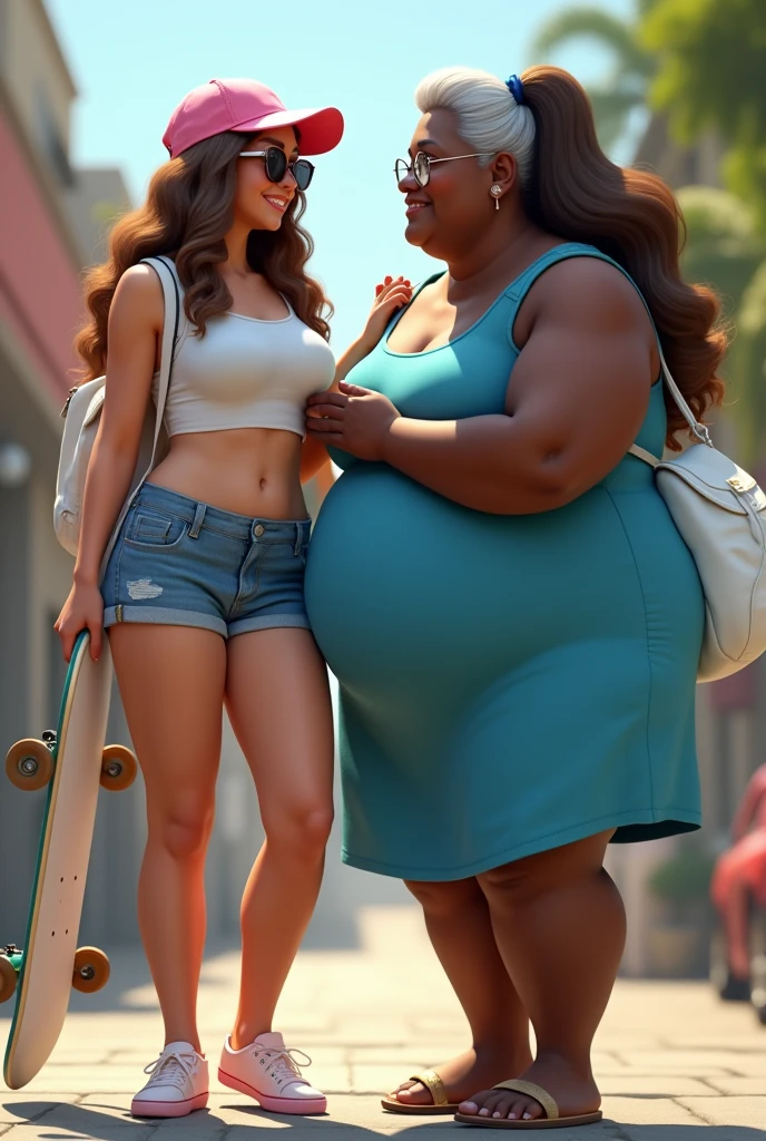 Create a photo of a 20 year old young woman, with a slender and curvy body, wearing jean shorts and a white crop top, with white and clear skin, with long brown hair, Wearing a pink cap, wearing sunglasses and a white backpack and carrying a skateboard while having his top lifted by a woman, obese, dark black skinned, who wears glasses and a blue dress