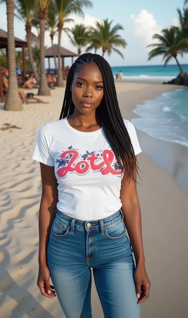 African American woman in bikini on the beach 