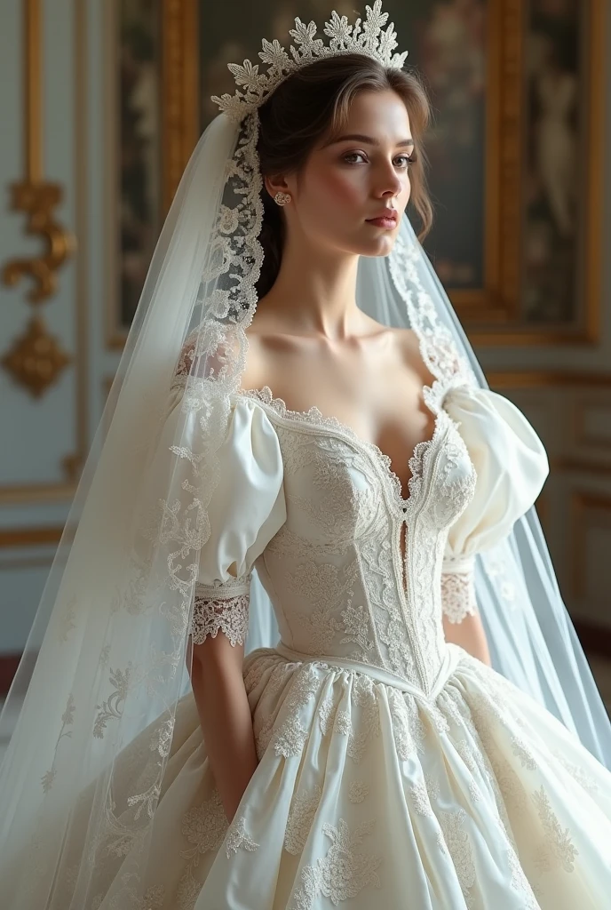 European woman model with hairstyle and veil wearing extremely luxurious white baroque embroidered puff sleeve wedding dress.