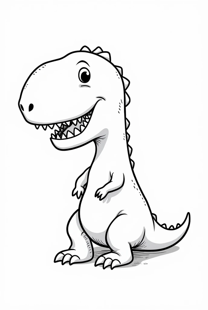 "Generate an outline-only image of a Tyrannosaurus Rex (T-Rex) designed for a to color. The image should feature just the simple, bold contours of the T-Rex's shape, with no interior details or shading. The lines should be thick and clear, making it easy for a young child to fill in with colored pencils. The T-Rex should be depicted in a friendly and approachable stance, with rounded edges to ensure a child-friendly design."