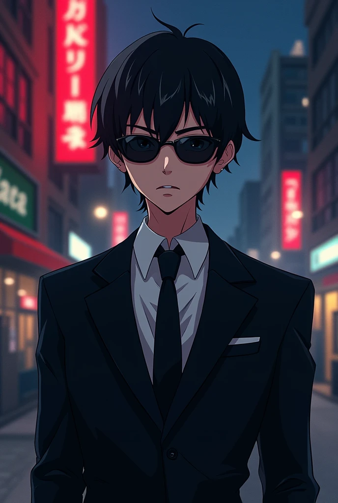 Mafia boy with tinted sunglasses anime. Both shoulders can be seen