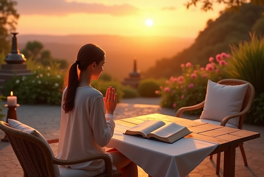 "Create a realistic and inspiring scene that highlights a Bible in a sunset prayer setting. Imagine an outdoor space, such as a terrace or garden, where the setting sun projects a warm golden light. Place the open Bible on a rustic wooden table, covered with a delicate white towel. The Bible should be centrally positioned, with a clear view of the pages, perhaps showing a verse of hope or comfort.
Around the table, include wicker chairs or wooden benches, with soft cushions for comfort. Add a path of stones or gravel that leads to the table, surrounded by flowers and plants that are beginning to reflect the soft light of dusk. In a corner, place a small fountain or a large candle on a candlestick, creating an environment of tranquility with the soft sound of water or the light of flames.
In the background, add a garden landscape or panoramic view, such as a gentle hill or a flowery field, illuminated by the warm tone of the sunset. Include a human element, such as a person in a prayer or meditation position, with a serene look, creating a soft contrast with the surrounding nature. Use a palette of warm, natural colors - orange, gold, green and brown - to evoke a sense of calm and spiritual connection."